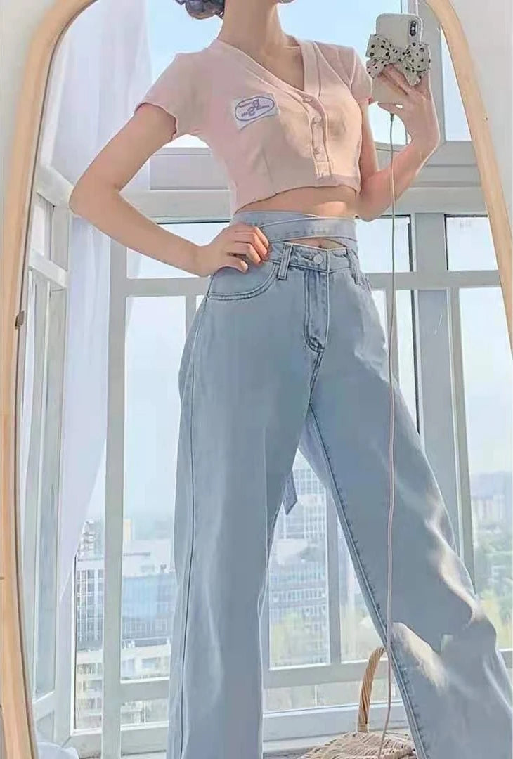 Women's High Waist Baggy Jeans Korean Trendy Loose Wide Leg Denim Pants With Ankle Ties Flowy Floor Length Streetwear