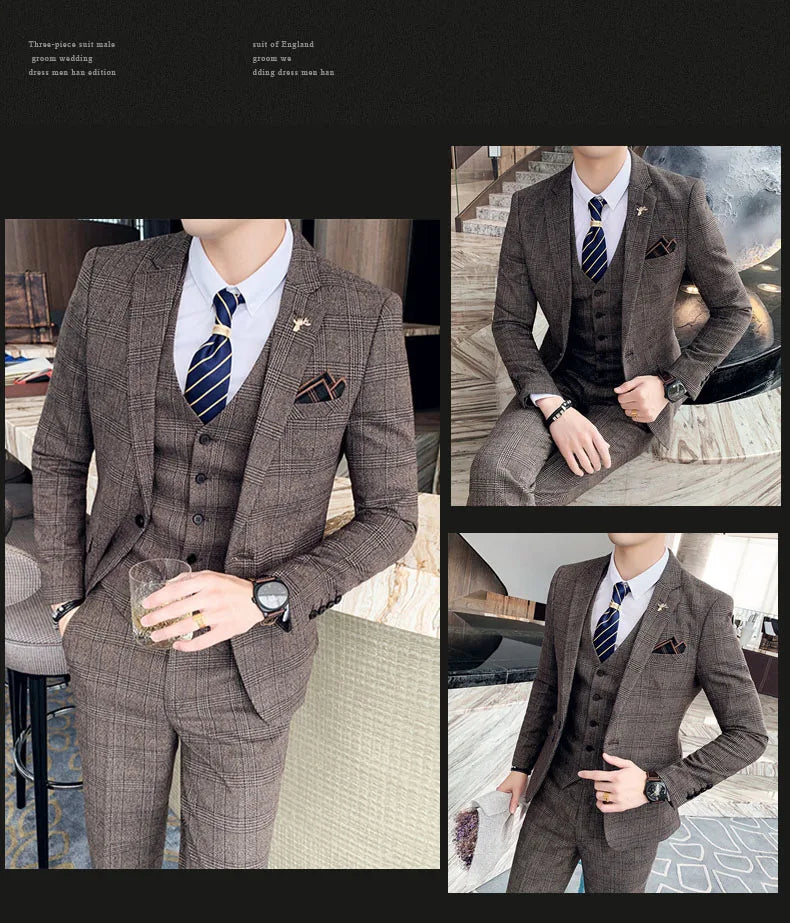 S-7XL ( Blazer + Vest + Pants ) Striped Plaid Solid Color Mens Formal Business Suit 3Pcs Set Groom Wedding Social Show Dress