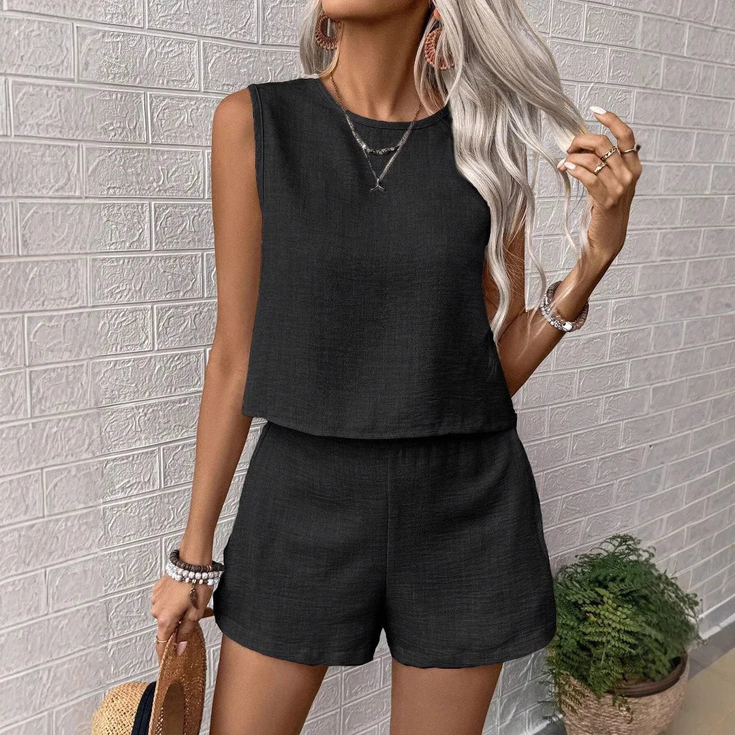 Women's Solid Color Simple Fashion Casual Sleeveless Top and Shorts Set