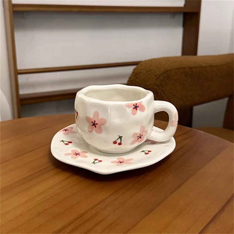 ins style retro flower ceramic cups and saucers, hand-squeezed irregular coffee cups and saucers, afternoon tea cups and saucers