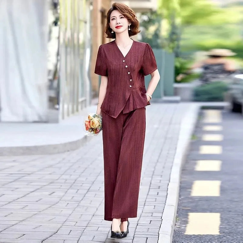 2025 Female Fashion Short Sleeve 2PCS French Women New Two-piece Set Summer Middle Aged Mother Solid Color Wide Leg Pants Outfit