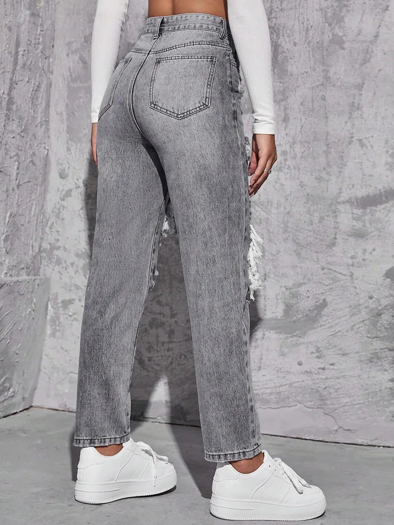 Women's High Waist Ripped Denim Jeans with Distressed Knee Holes and Straight Leg Fit for Casual Streetwear Fashion