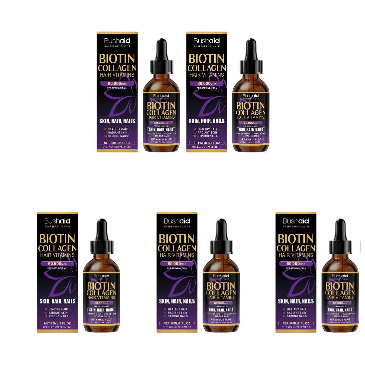 BushAid Biotin Collagen Hair Vitamins Liquid Drops Supports Strong Hair Structure and Helps Maintain Nail Toughness 60ml