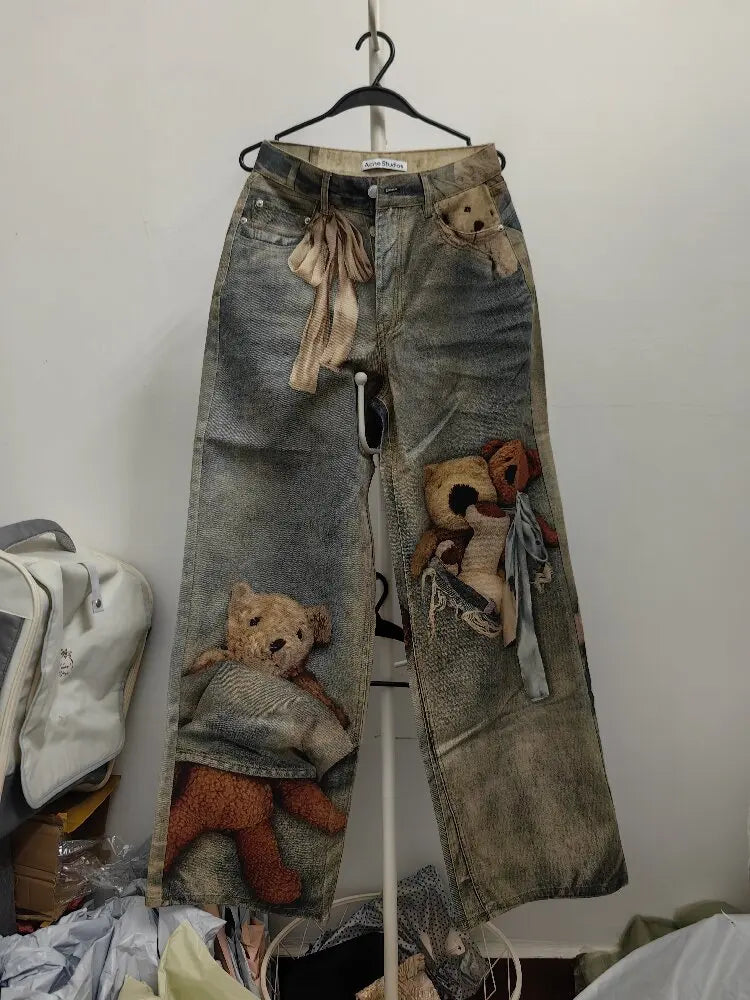 KUCLUT 2025 Autumn Winter Fashion Niche Design Print Contrast Color Loose Jeans For Women Straight Wide-leg Denim Pant 1A1517
