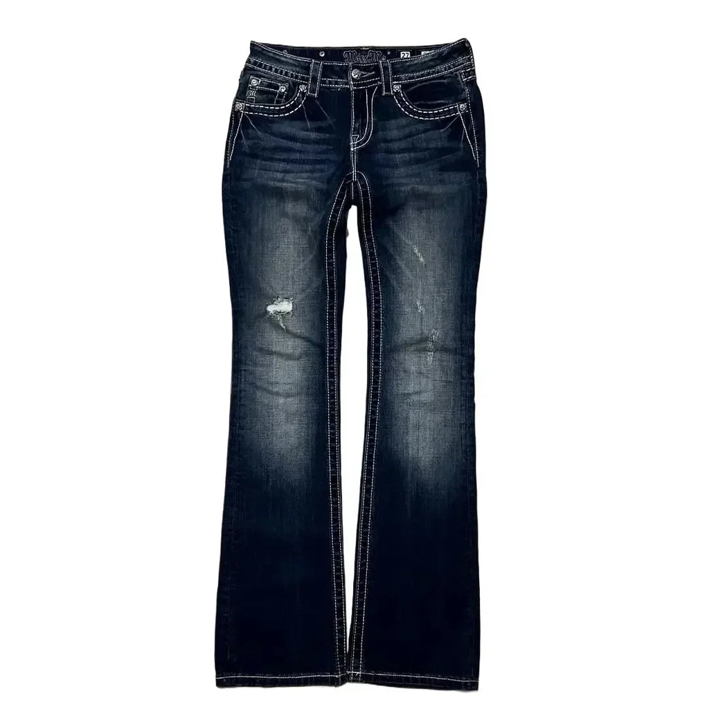 Y2K New Gothic Blue Denim Embroidery Harajuku Wide Pants Revival Mens Jeans Foliage Bootcut Women Pocket Hip Hop Streetwear