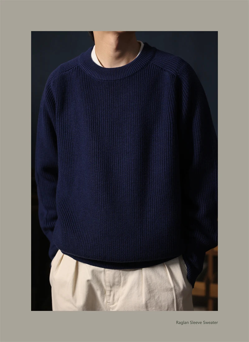 Classic Raglan Sleeve Crewneck Sweater Vintage Style Men's Wool Blend Knitted Pullover Jumper Thick