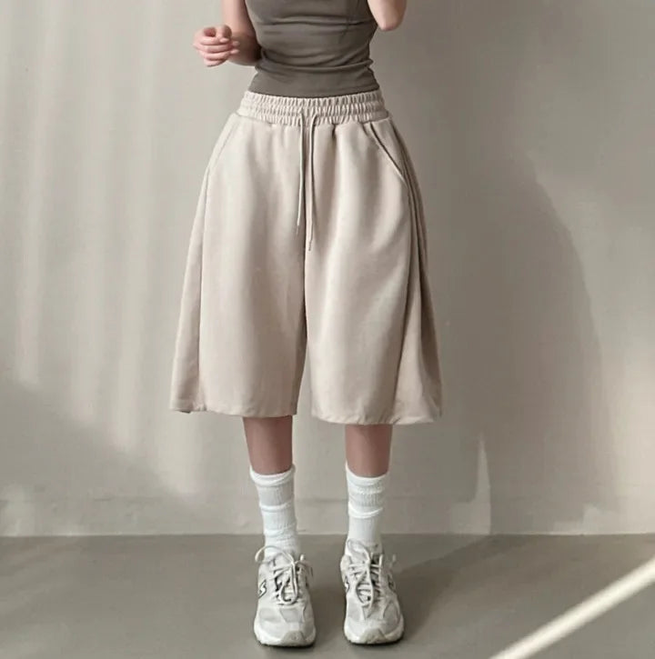 Summer Drawstring Wide Leg Shorts Women Fitness Running Loose Casual Large Sports Shorts Sweat Short High Elastic Lace Up Pants