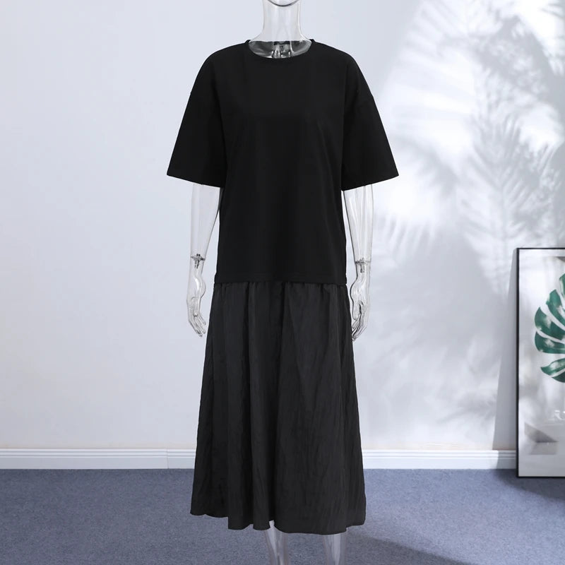 Fashion Solid Women Patchwork Dress Short Sleeve Round Neck Loose Female Dress Casual Office Streetwear Commute Summer 2026