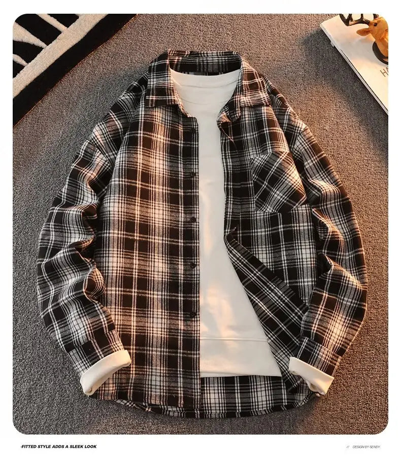 Retro Japanese Plaid Long Sve irt Men's Casual Loose Fit Spring Autumn Wear for Students And Couples Youth Faion