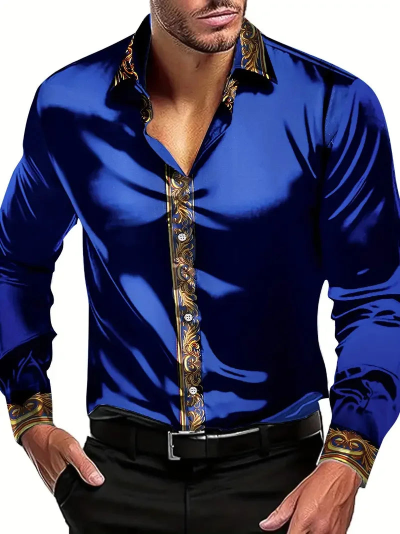 High Quality Men's Leopard Printed Button Shirt Baroque Chain Long Sleeves Party Casual Flap Long Sleeves