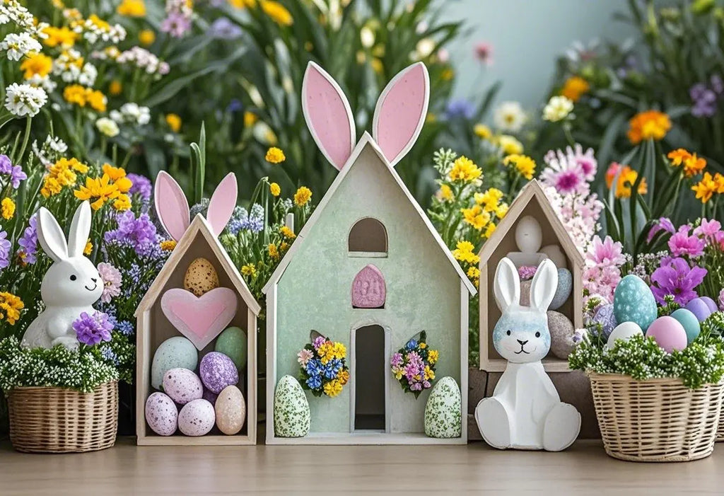 Happy Easter Day Photography Background Blue Wood Board Easter Egg Spring Flower Rabbit Kid Birthday Portrait Photocall Backdrop