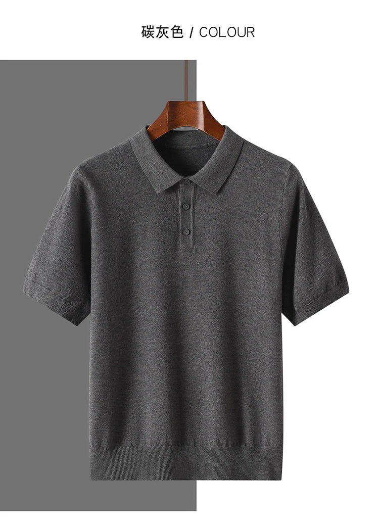 New summer 100% pure wool men's short sleeve polo neck T-shirt fashion youth casual Joker shirt thin T-shirt sweater