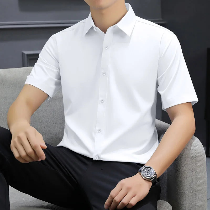 Casual Light Blue Short Sleeve Button Up Shirt for Men Versatile Collared Dress Shirt for Spring & Summer