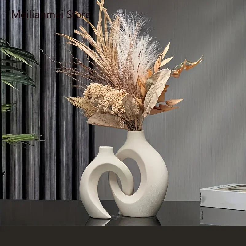Hollow Nordic Modern Ceramic Vase Set of 2 for Modern Home Decor Modern Hollow Vases for Living Room Bookshelves Home Decoration