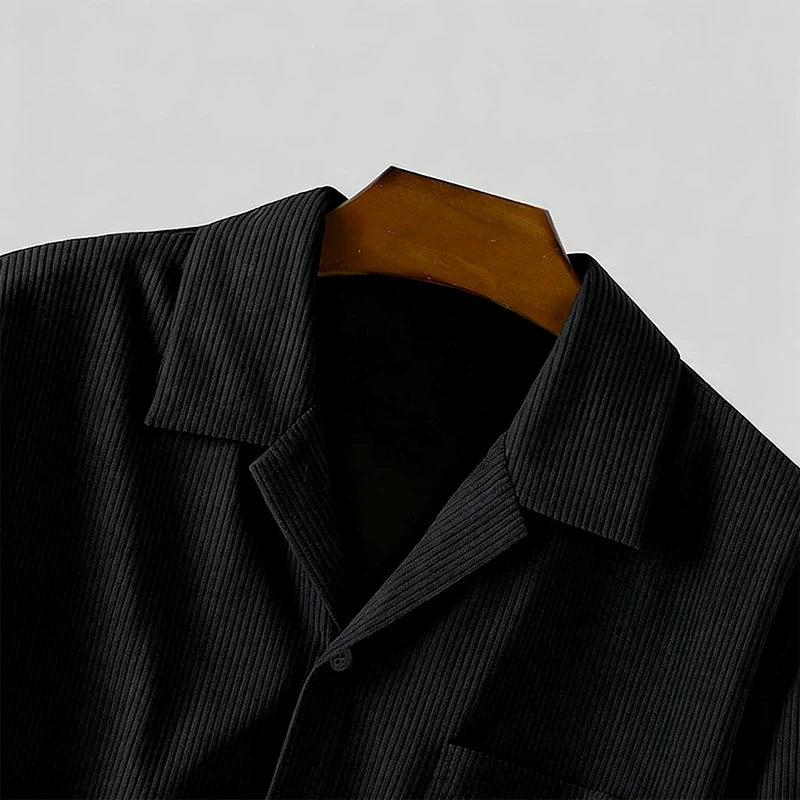 Autumn Men Corduroy Cropped Shirts Long Sleeve Solid Color Suit Collar Casual Blouse American Retro Premium Loose Cardigan Tops
