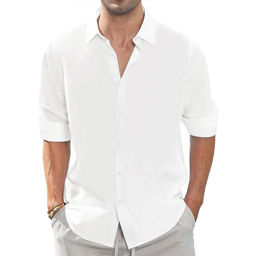 Spring Fall Men's Shirt Long Sleeve Lapel Collar Solid Color Basic Style Casula Breathable Lightweight Simple Fahion Shirts