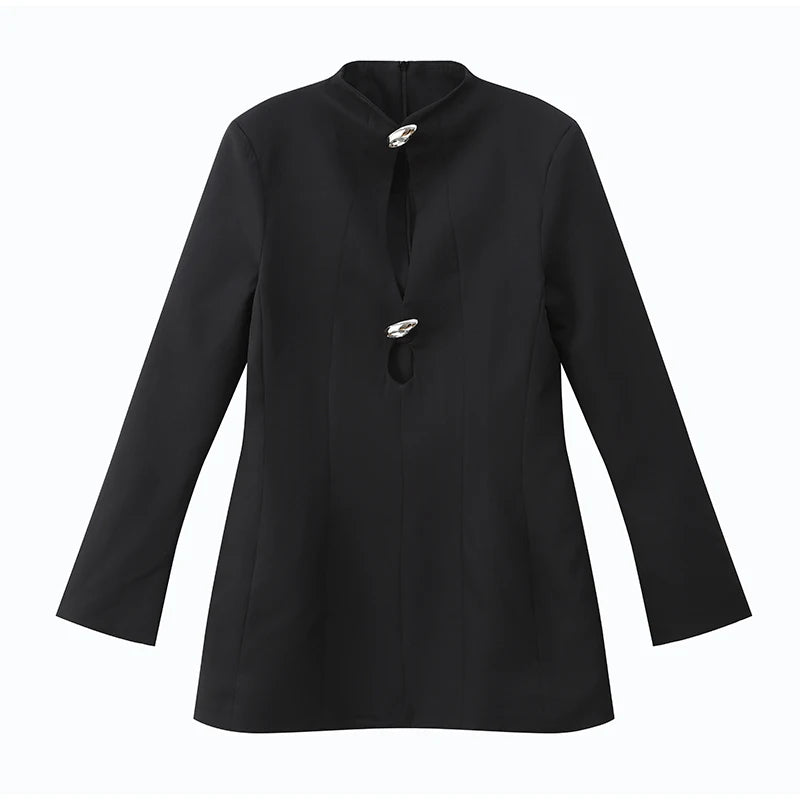 Elegant Hollow Out Mini Dress Women Sexy Long Sleeve Bodycon Waist Cinching Vestidos 2025 Chic Autumn Office Lady Commute Robes