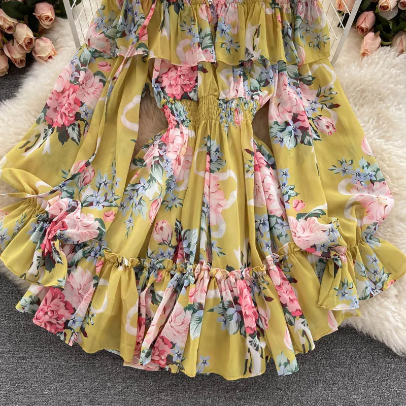 2025 New Retro Summer Beach Vacation Dress Women Sexy Strapless Lantern Sleeve Sweet Floral Jumpsuit Short Chiffon Print Dresses