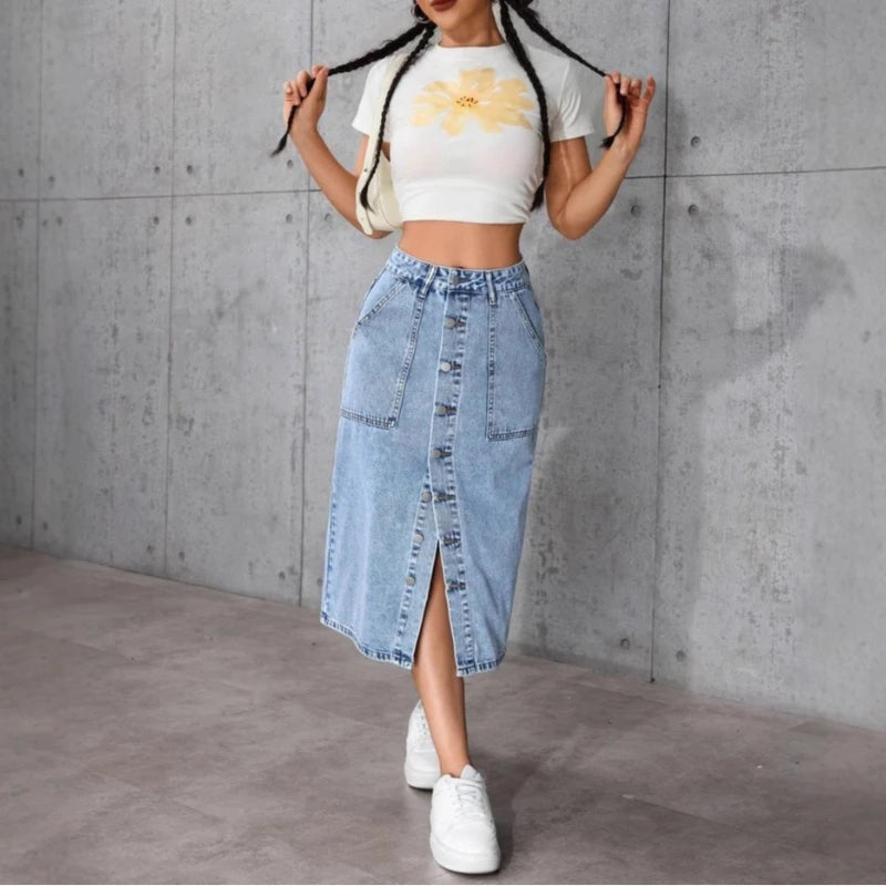 Tight Elastic Medium and Long Denim Slim Bottom Knee Split One Step Hip Wrap Skirt