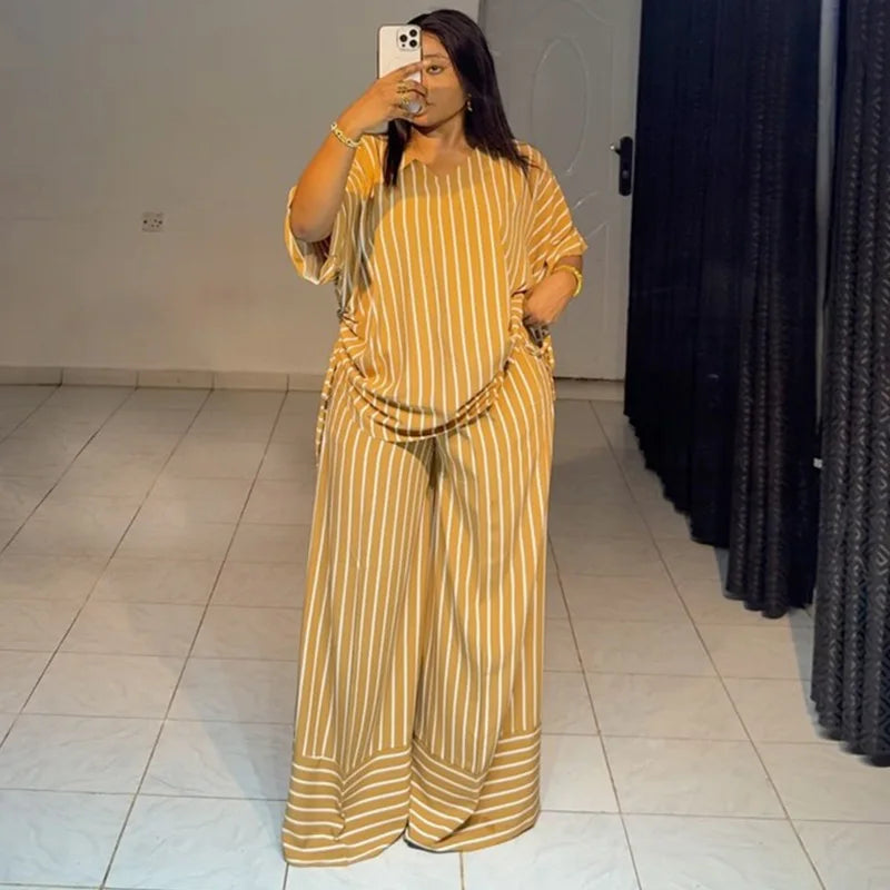 Pant Set Women Two Piece Sets V Neck Short Sleeve Drawstring Shirt Striped Wide Leg Long Pants Elastic Waist Y2k Streetwear 2026
