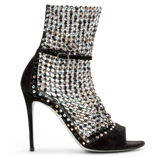 2025 New Star Internet Celebrity Same Style Sexy Water Diamond Fish Mouth Hollow Mesh Cool Boots High Heel Shoes Thin Heels