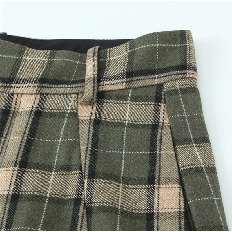 Chic Green Plaid Print Loose Pants Women Casual High Waist Straight Wide Leg Trousers Party Daily Classic Attire 2026 Spring