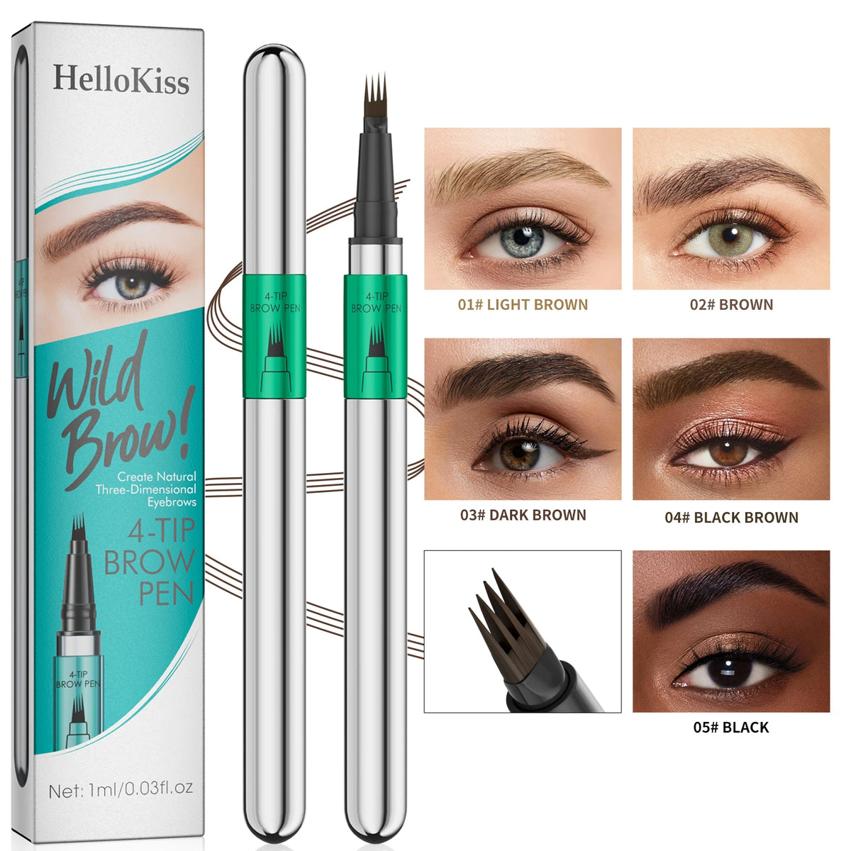 4-Tip Eyebrow Pen, 4 Heads Design, Wild Brow, Long Lasting, Smudge Proof, Waterproof Sweat Resistant Anti-transfer Cosmetic