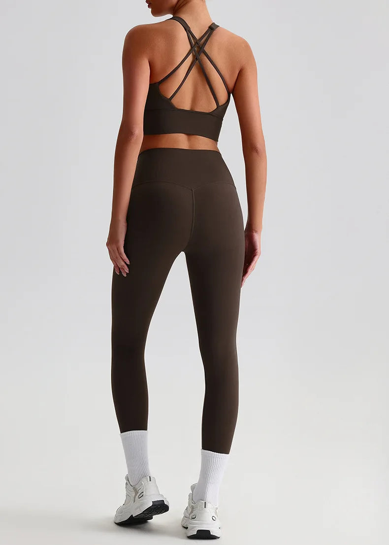 Naked Feel Yoga Set Women Fitness Sportswear 2 Piece Strappy Sports Bra High Waist Gym Leggings Workout Outfit Active Wear