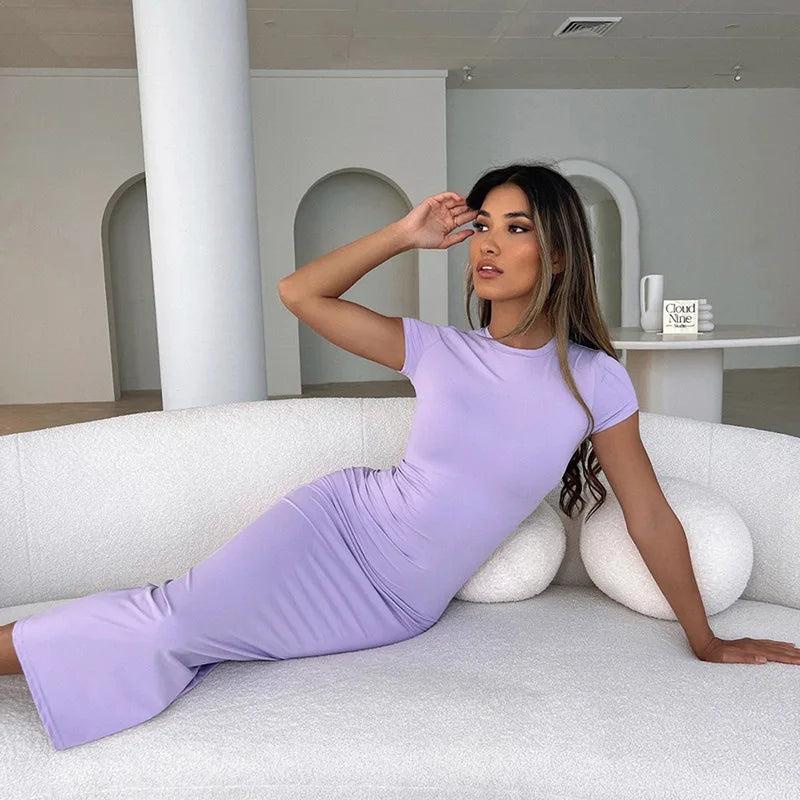 2025 Women Solid Color Slim Short Sleeve Casual Pullover Sumer Long Dress Skinny Sexy Daily Dress