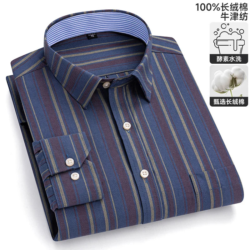 S-6XL Oxford Shirts for Men Long Sleeve Pure Cotton Solid Stripe Leisure Embroidered Horse Streetwear Business Plain Office 6XL