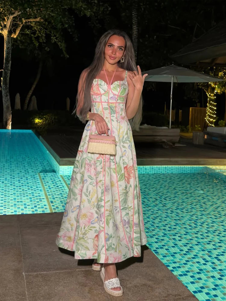 Elegant Floral Print Halter Dress Women Sleeveless Waist-closed A-line Dresses 2026 Spring Summer Fashion Female Vacation Robe