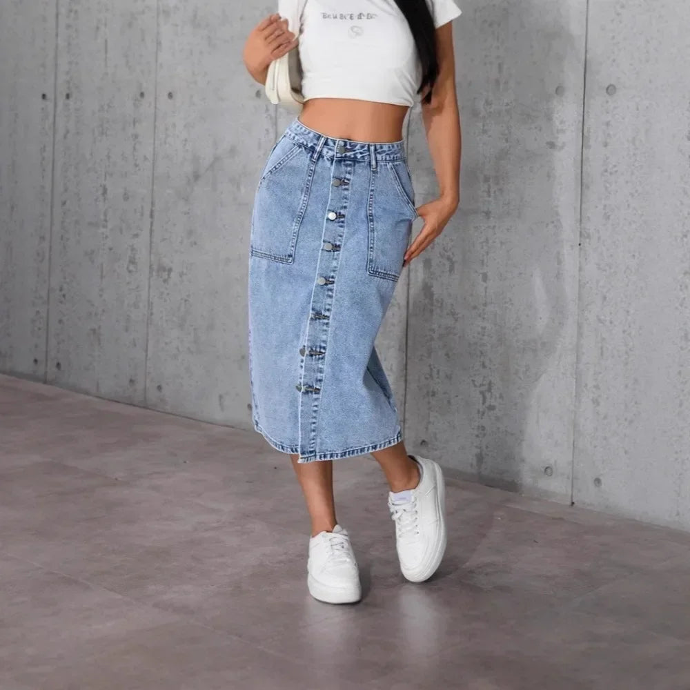 Women Waist Stretchy Denim Pencil Skirt, Midi Knee Length Slit Bodycon Flattering Casual Daily Streetwear Chic Ladies Midi Skirt