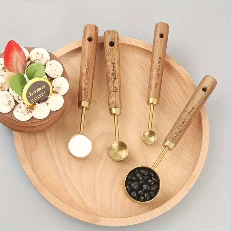 4pcs Golden Measuring Cups and Spoons Set Stainless Steel Measuring Cups Spoons Set with Wooden Handle Baking Kitchen Gadgets