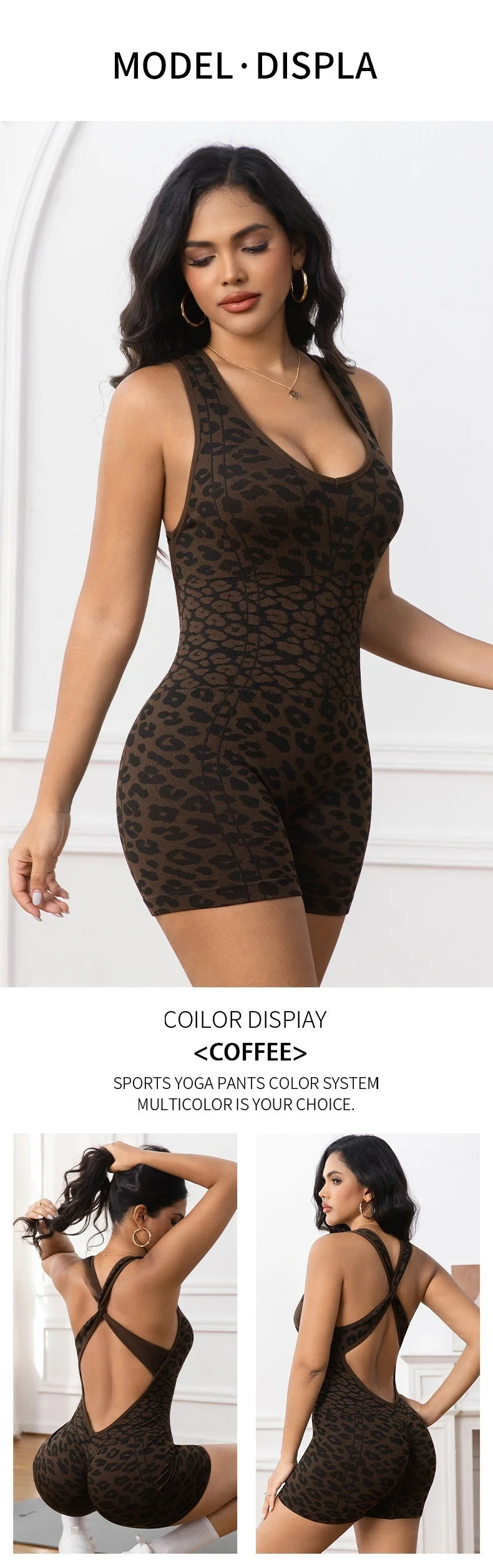 Women Seamless Leopard Print Yoga Jumpsuit Crisscross Back High Stretch Hip Lift Tummy Control Breathable Workout Romper Shorts