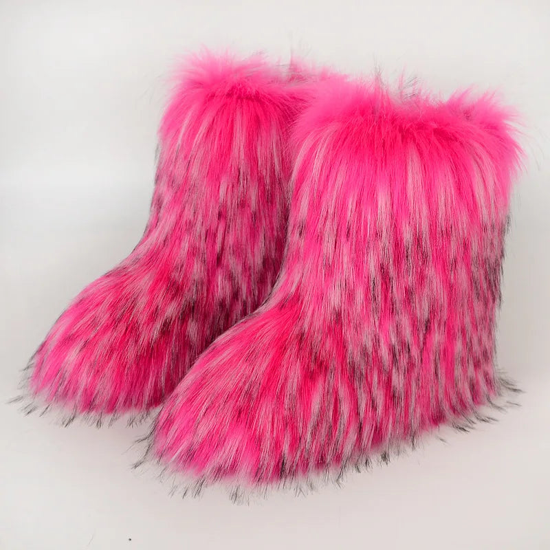 Women's Winter Snow Boots Outdoor Luxury Furry Faux Fox Fur Boots Woman Plush Warm Platform Shoes New Fashion Bottes Big Size 46