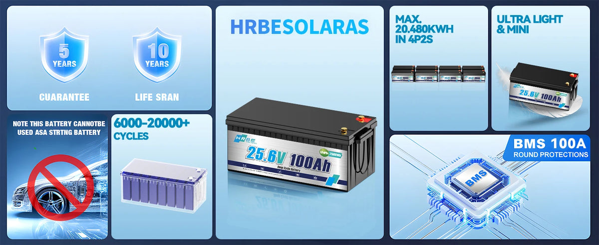 HRBE 24V 100Ah LiFePO4 Battery Bluetooth With BMS 8000+Deep Cycles For Camper RV Home Energy Solar Trolling Motor 24V Lithium Battery