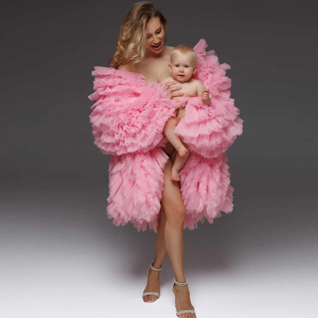 Cute Pink Puffy Tulle Jacket Women Full Sleeves Volume Coat Female Oversize Jacekt Outerwear Coat Custom Maternity Robe Dress