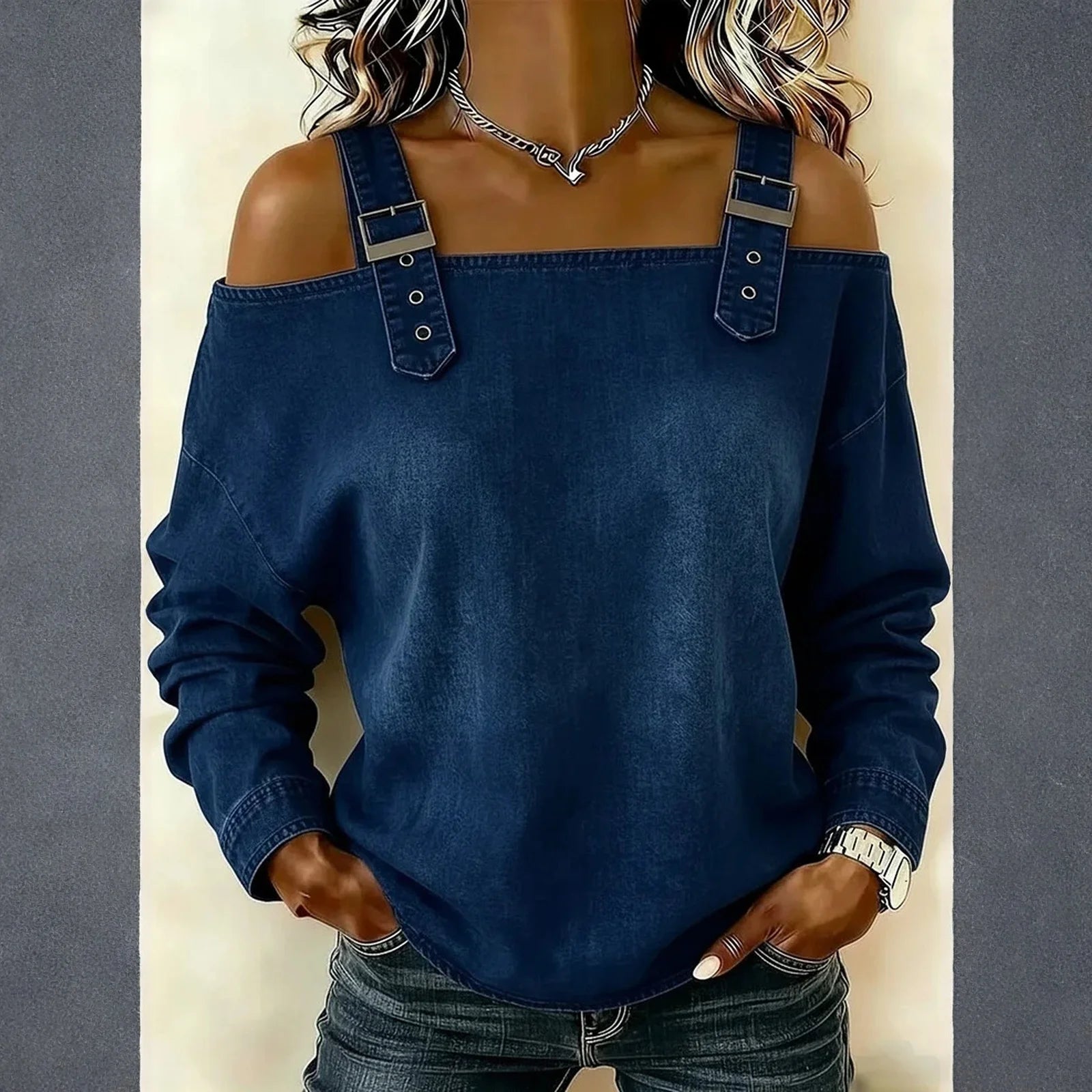 Women's Denim Top, Stylish Off-the-shoulder Long-sleeved Top with Shoulder Straps, Elegant and Versatile Denim Shirt, Streetwea