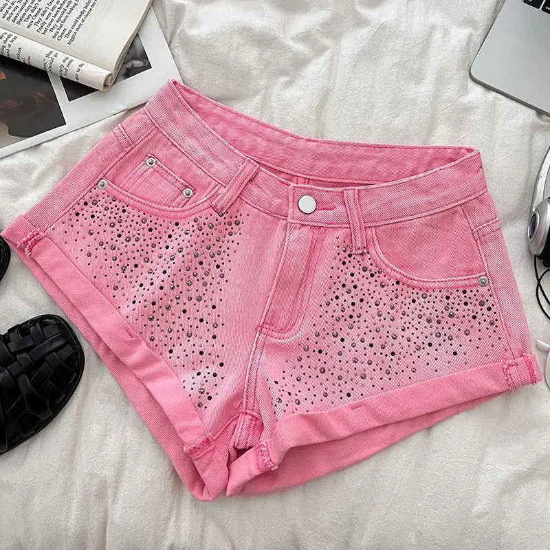 Retro Fashion Rhinestone Denim Shorts Women Pink Summer New A-Line Wide Leg Jeans Ultra Short For Hot Girls Bottoms