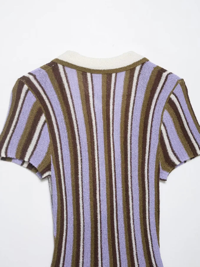 Brown Striped Polo Collar Knitted Short Sleeves Dress V-neckline Waist Cinching Flared Hem Mini Dresses Women Daily Casual Robes