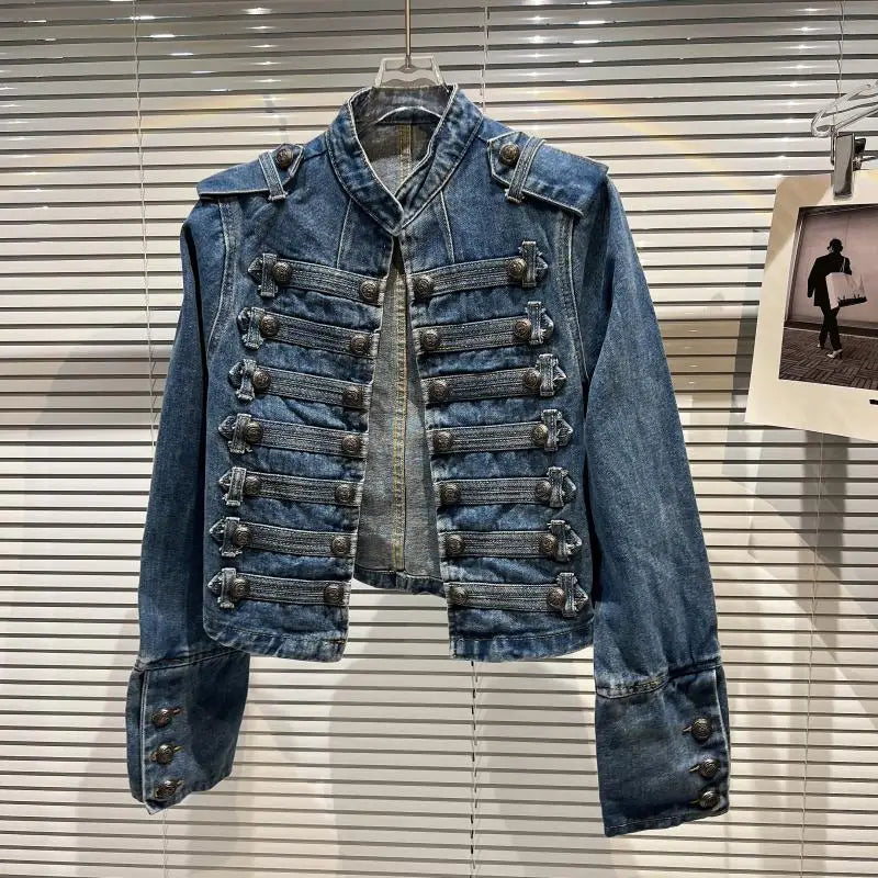 Classical Metal Bule Design oulder Strap Waed Denim ort Jaet Spring 2026 Women's Faion Straight Cut Long Sve