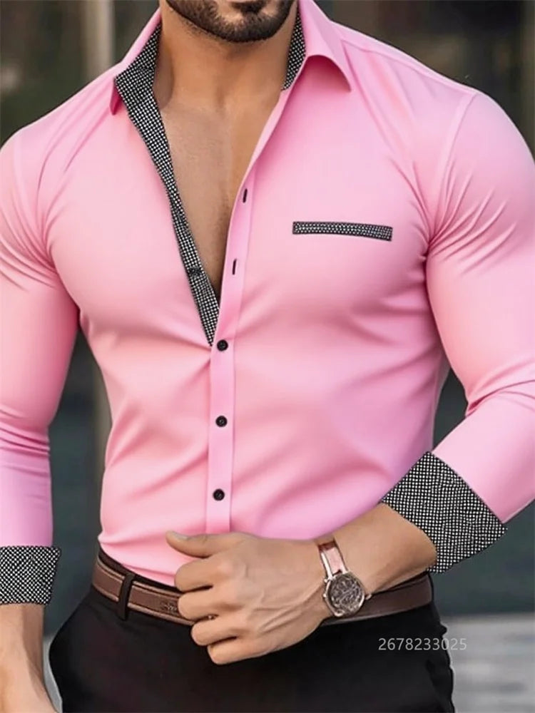 Men's Shirt Business Lapel Shirt, Black White Grey, Outdoor Street Long Sleeve Button Shirt, High Quality Soft Fabric XS-6XL Siz