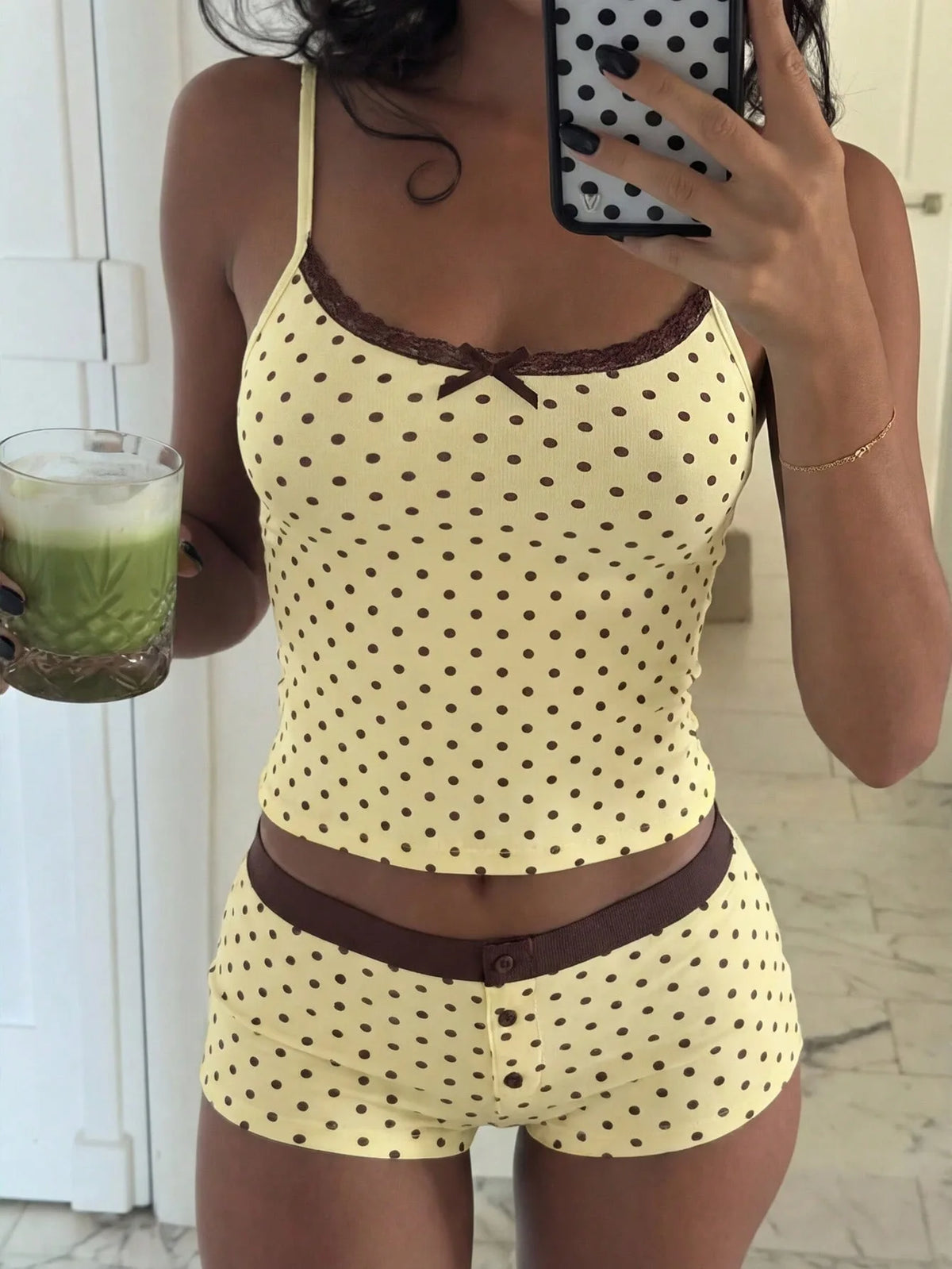 Fashion polka dot lace camisole home suit set, pure desire spicy girl style pajamas two-piece set, short