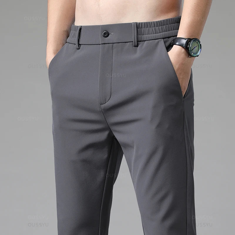 Autumn Winter Casual Pants Men Thick Business Stretch Slim Elastic Waist Jogger Korean Classic Black Gray Blue Trouser Male