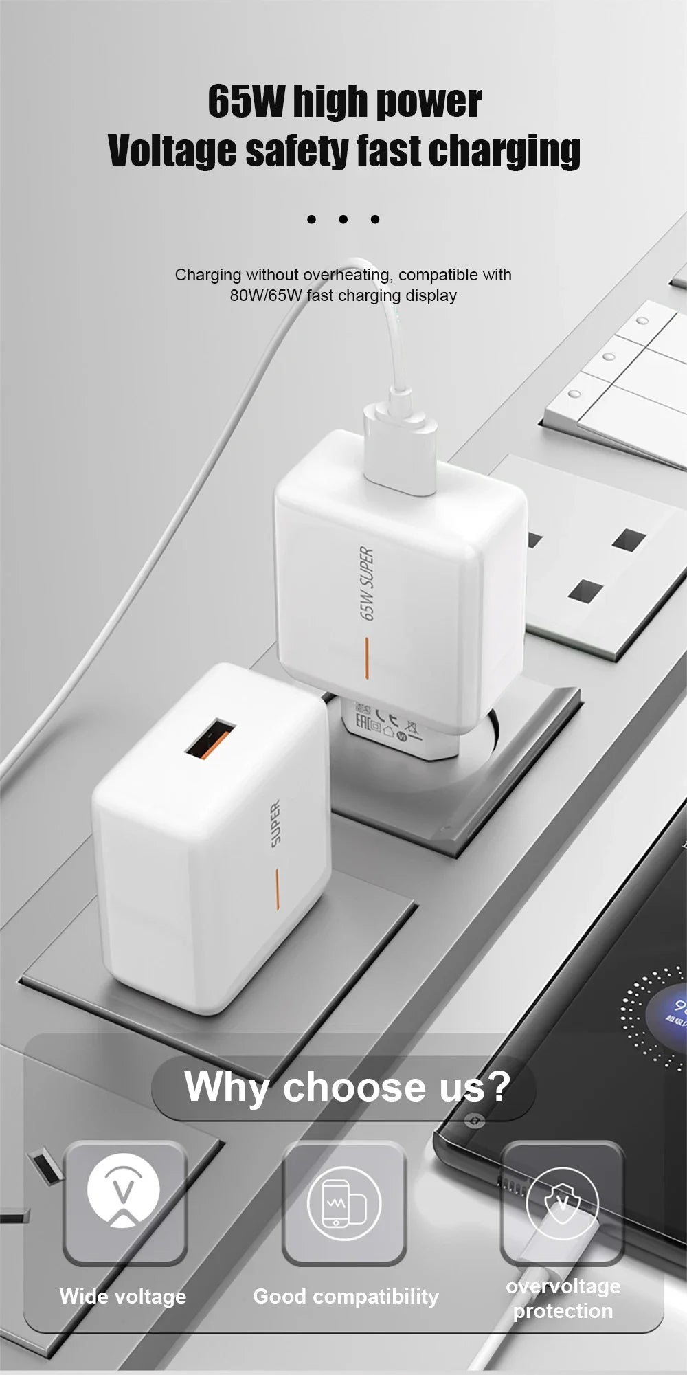 PD 65W Super VOOC2.0 USB Fast Charger For OPPO Reno 11 10 12 Pro Find X8 X7 X6 Ace3 EU US Quick Charge Adapter Phone Accessories