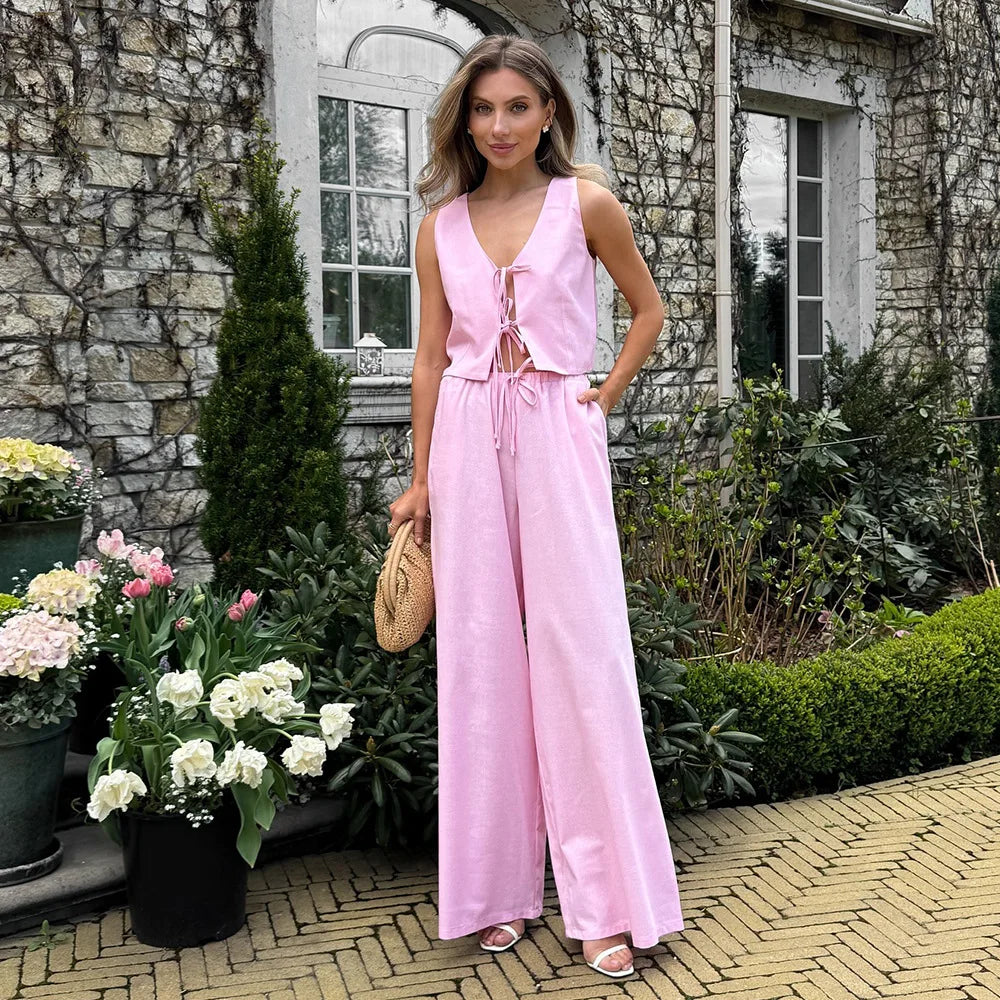 Women Spring Summer V Neck Tie Front Crop Vest High Waist Wide Leg Pants 2 Piece Set