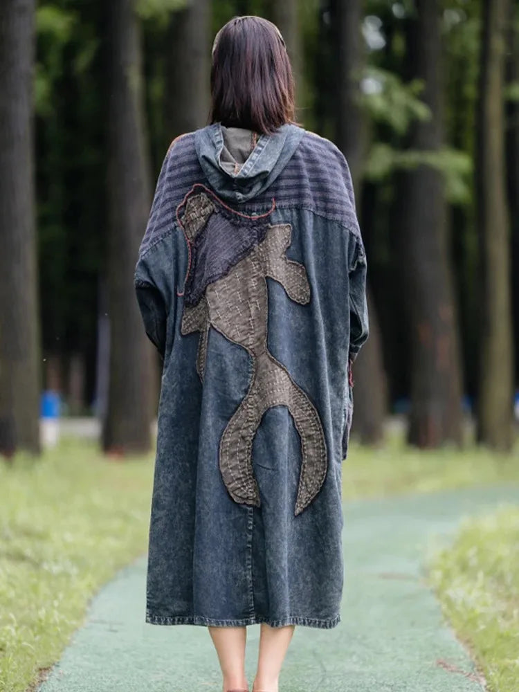 Amax LuluE 2026 Spring Ladies British Vintage Oversized Denim Dress Fashion Classic Hooded Clothes Women Punk Patchwork Vestidos