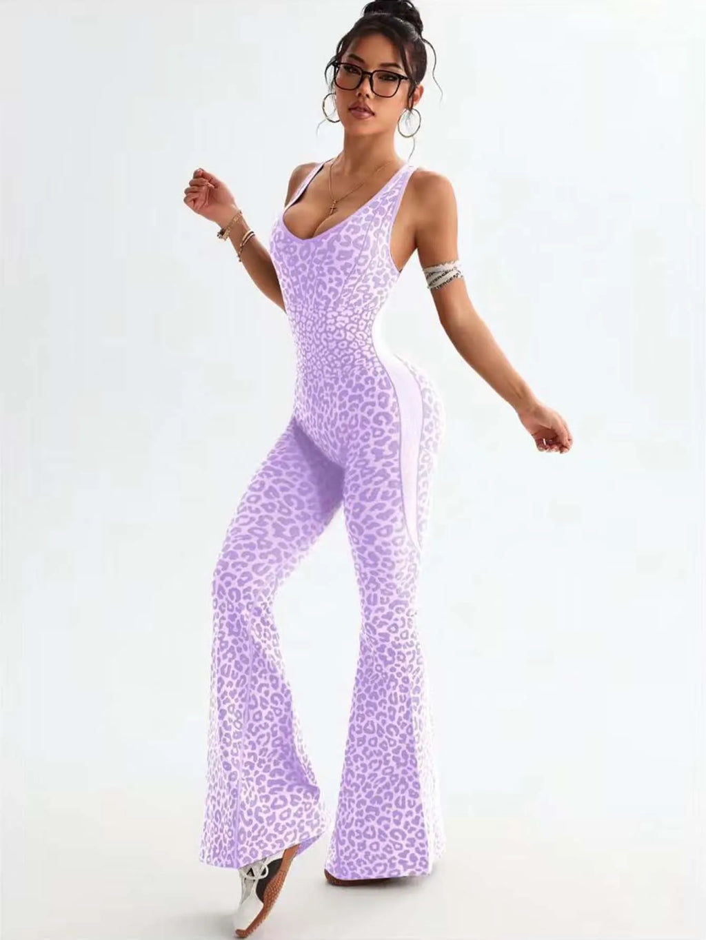 New Leopard Print Bodysuit Women Seamless Flared Pants Jumpsuits Sexy One-piece Fitness Suit Cross Back Stretchy Yoga Jumpsuits