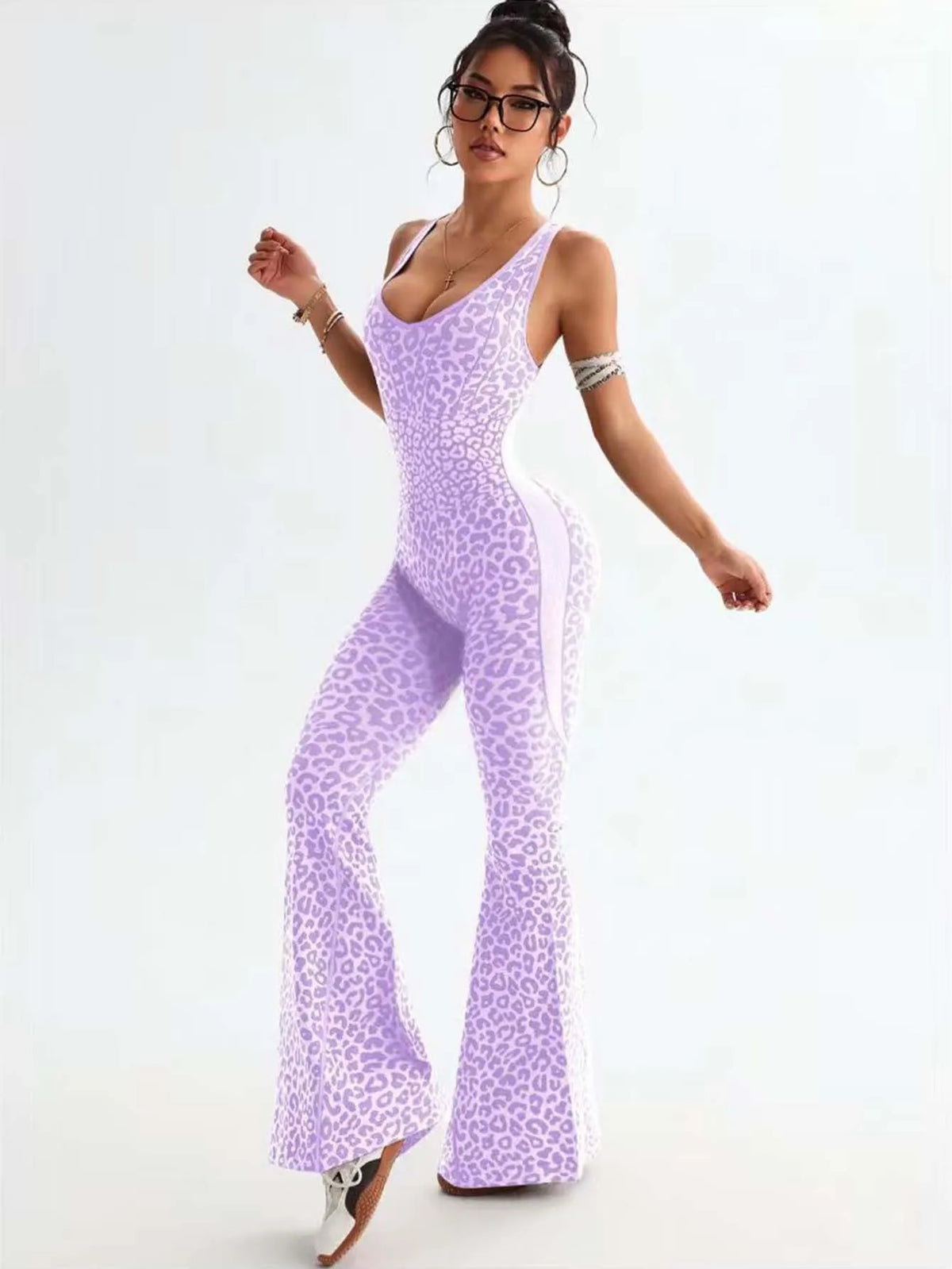 New Leopard Print Bodysuit Women Seamless Flared Pants Jumpsuits Sexy One-piece Fitness Suit Cross Back Stretchy Yoga Jumpsuits
