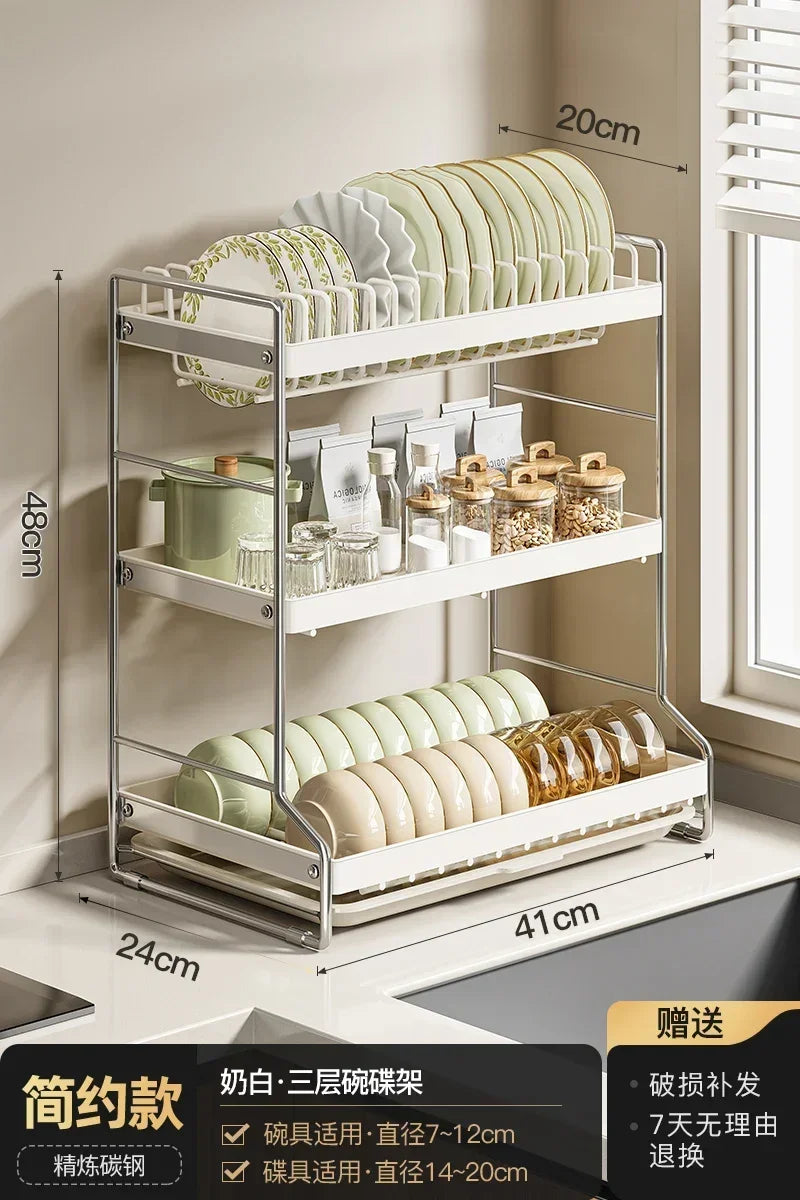 Kitchen Dish Storage Shelf, Multifunctional Countertop Organizer, Detachable Easy-Clean Plate Rack, Durable Sturdy Design